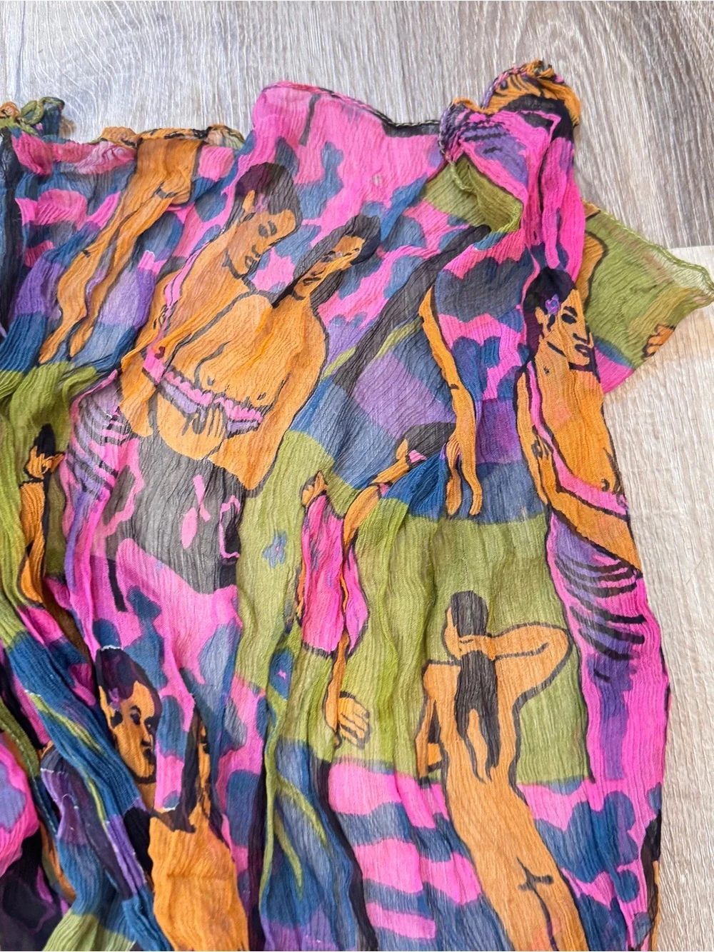 Colorful Crinkle Nude Figural Art Scarf 66”x20”Bold Abstract Vibrant Sheer